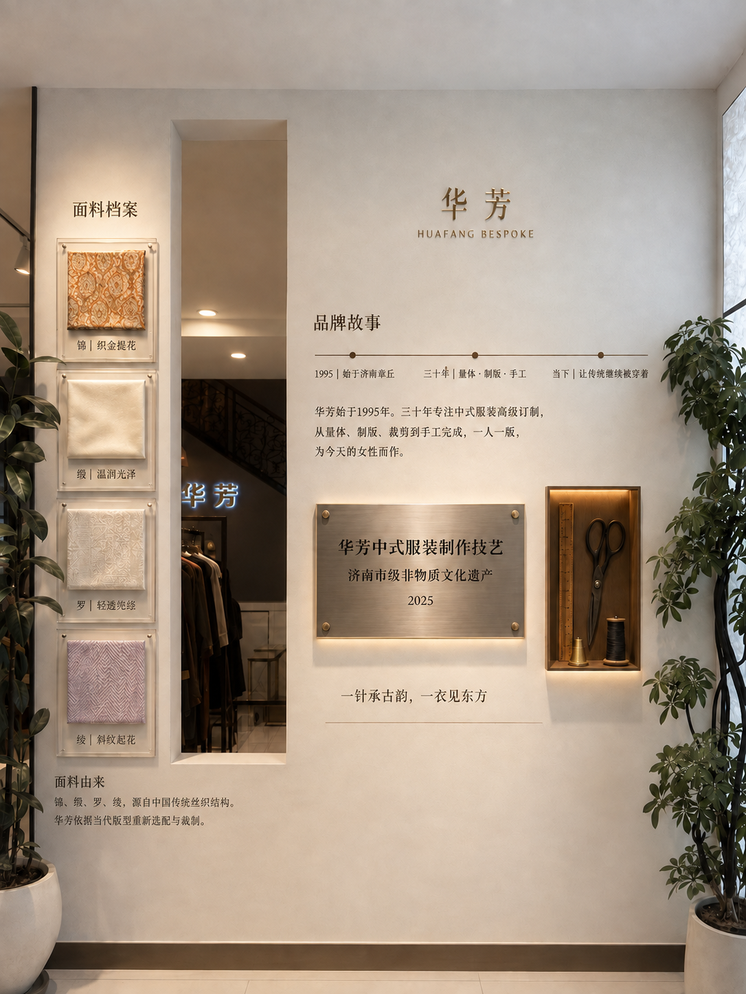 HUAFANG brand wall design visual with fabric archive and craft story