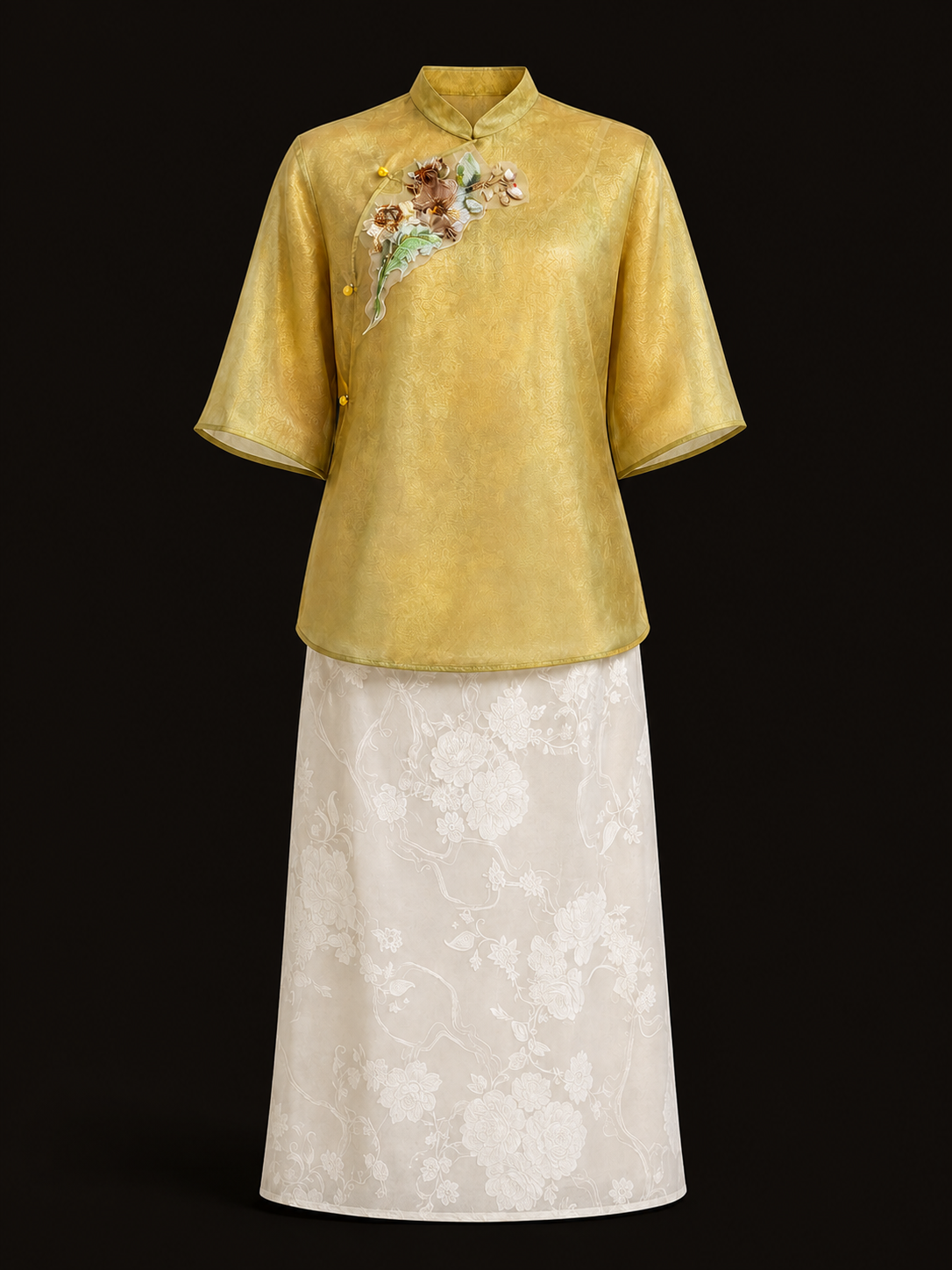Olive Appliqué Skirt Set
