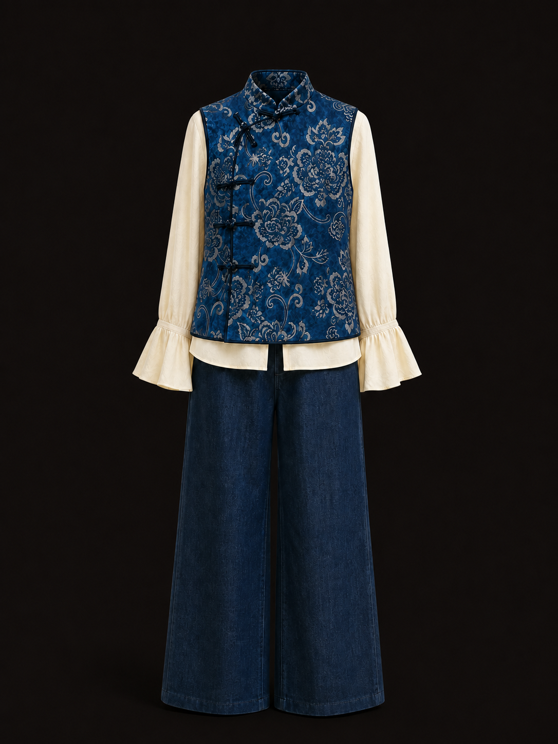 Indigo Floral Frog-Button Vest
